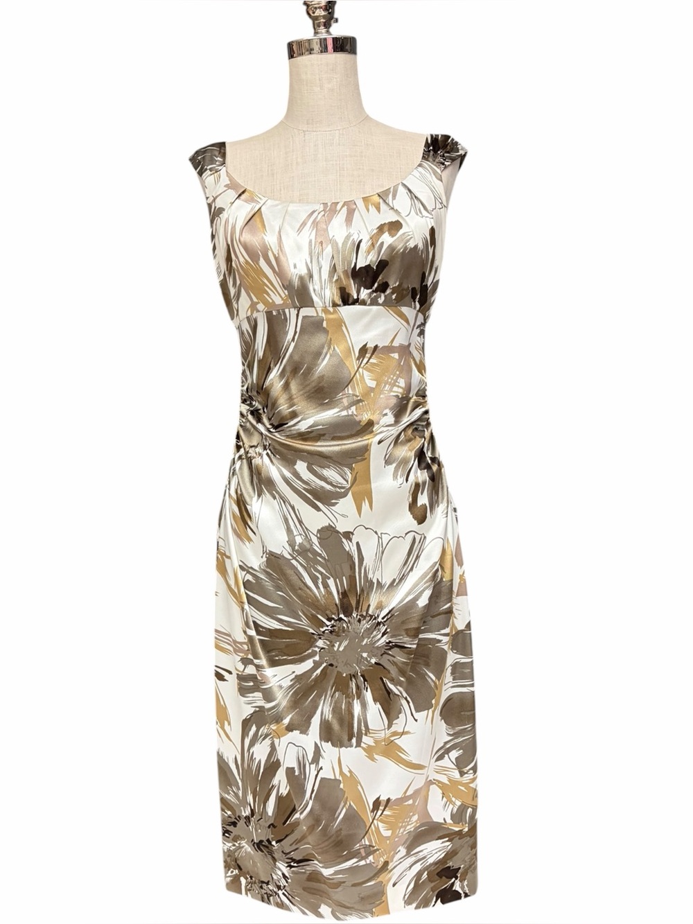London Times Floral Sheath Dress Size 8 Gold Taupe Ruched Waist Midi